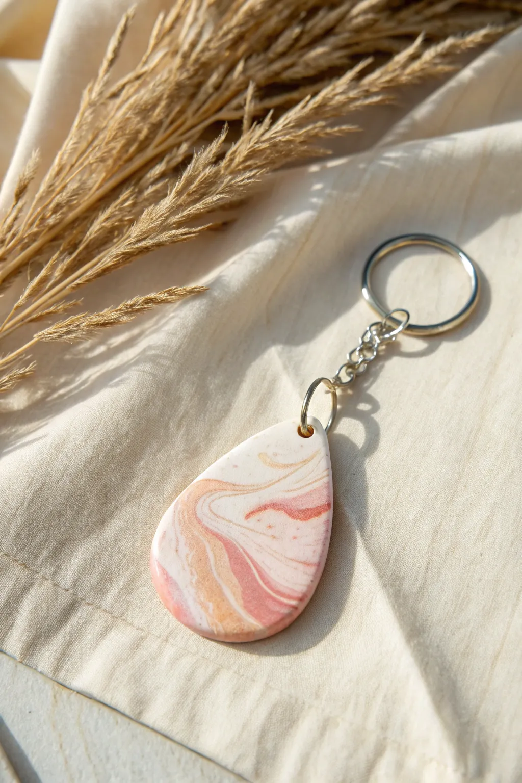 Soft marbled swirl teardrop keychain in airy clay tones with sleek silver hardware.