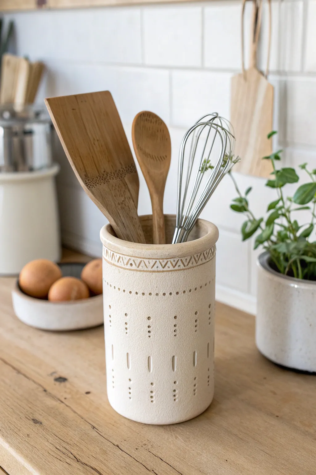Textured air dry clay utensil crock: simple carved lines, matte finish, bright minimal kitchen vibe