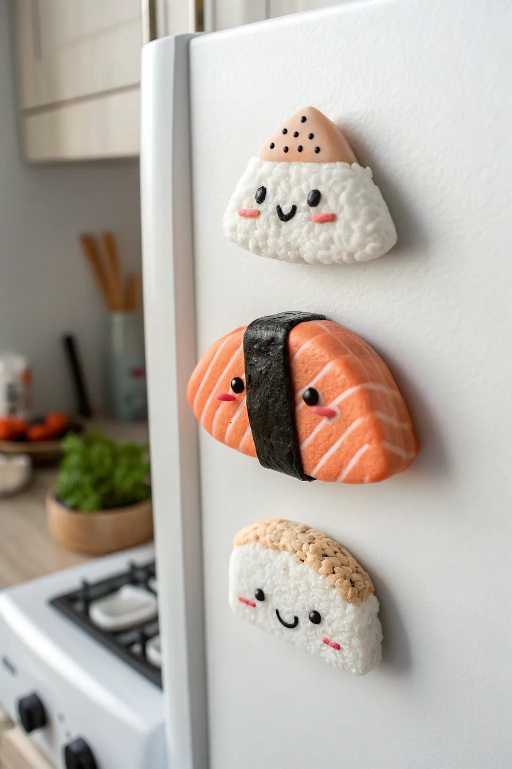 Adorable air dry clay sushi friend magnets, minimalist and sweet for a cozy Scandinavian fridge.
