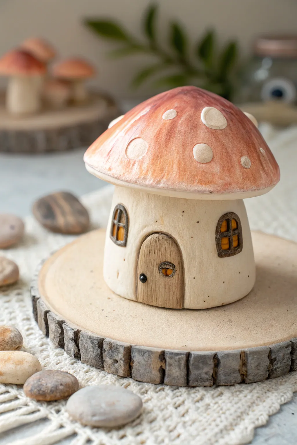 Tiny air dry clay mushroom house with a door and windows, minimalist boho charm in soft neutrals.