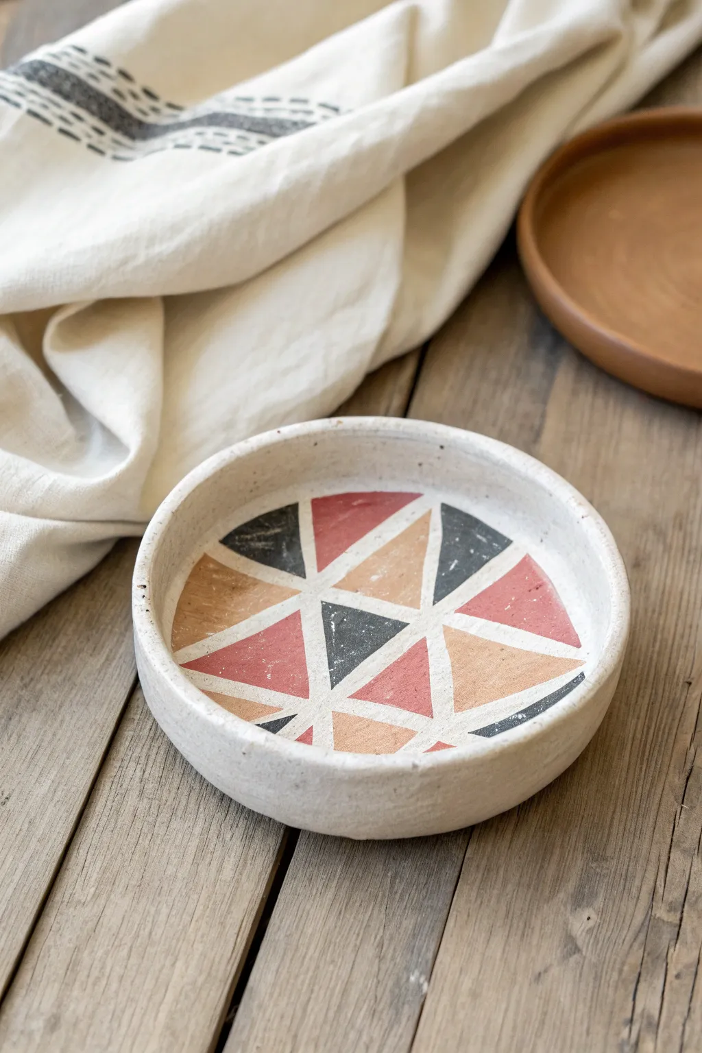 Minimalist trinket dish with bold geometric paint inside, perfect air dry clay decor idea