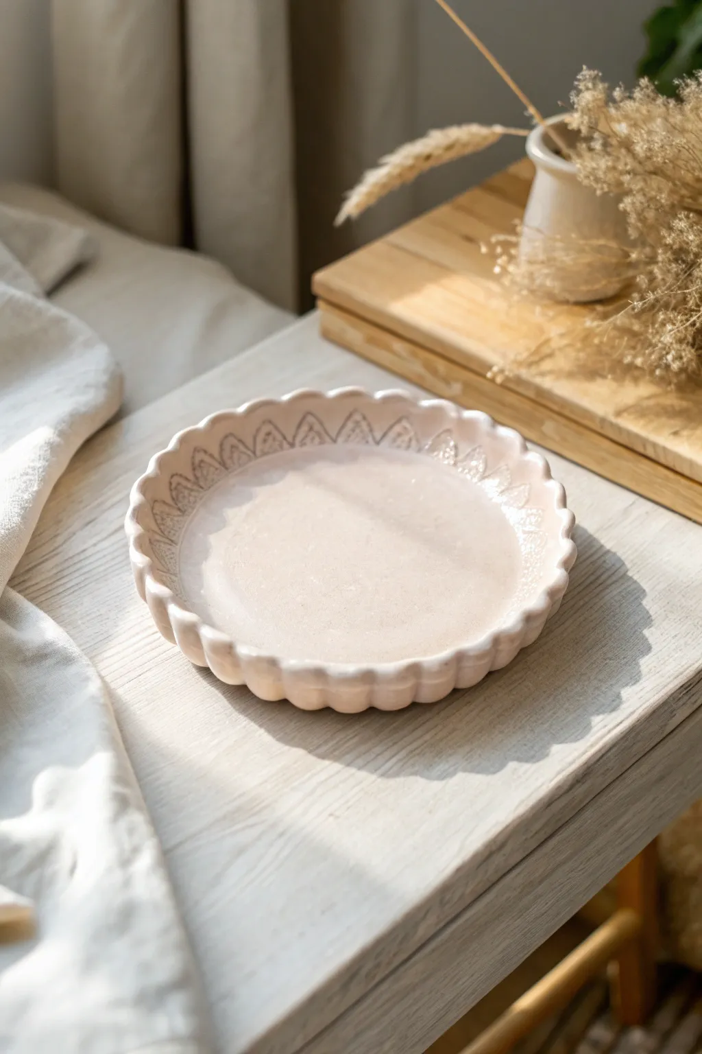 Sweet scalloped air dry clay trinket plate, minimal and boho-soft for a calm bedside vignette.