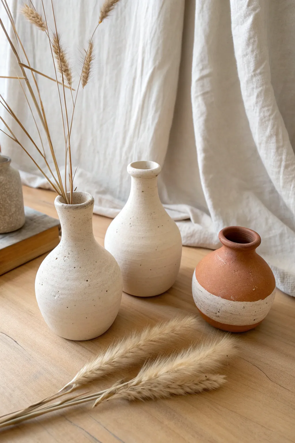 Minimal air-dry clay bud vases in cream, sand, and terracotta with dried stems for soft boho calm.