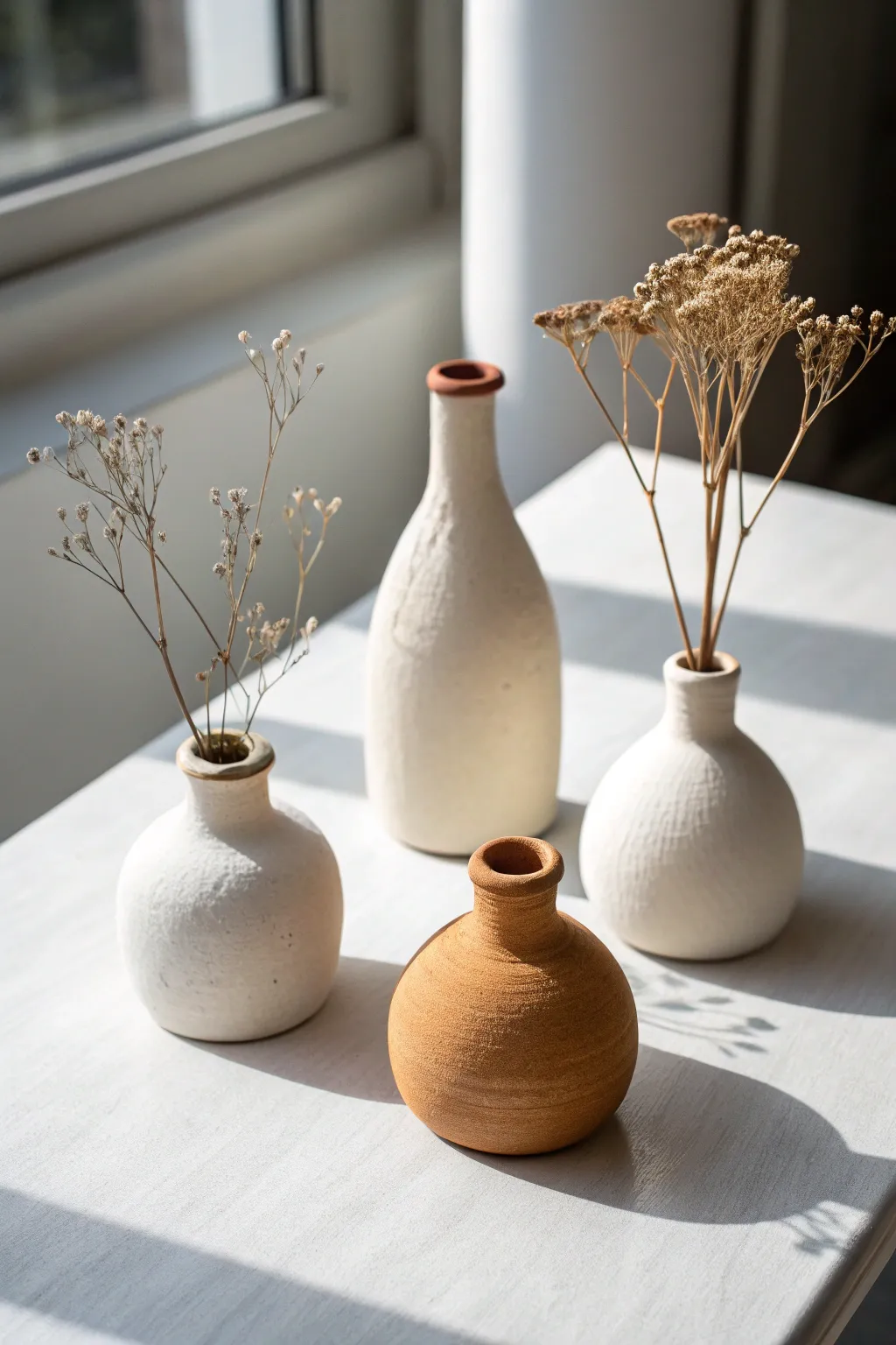 Tiny air dry clay bud vases with single dried stems, minimal and handmade for soft decor.