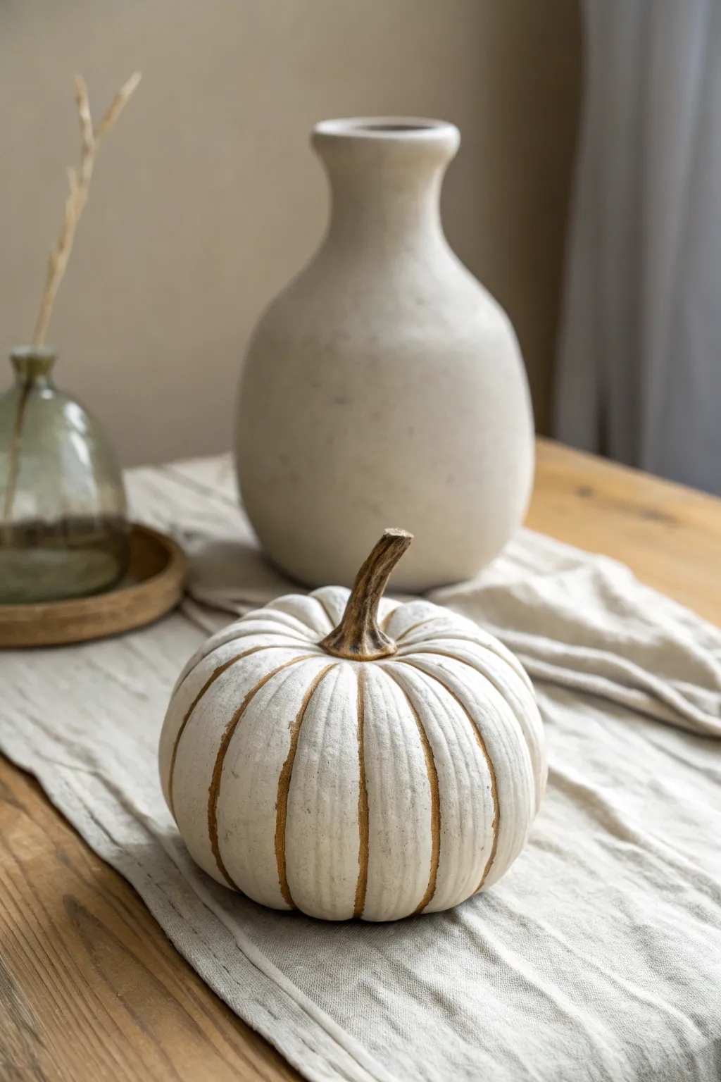 Matte whitewashed clay pumpkin for a calm modern fall vignette, simple and handmade.