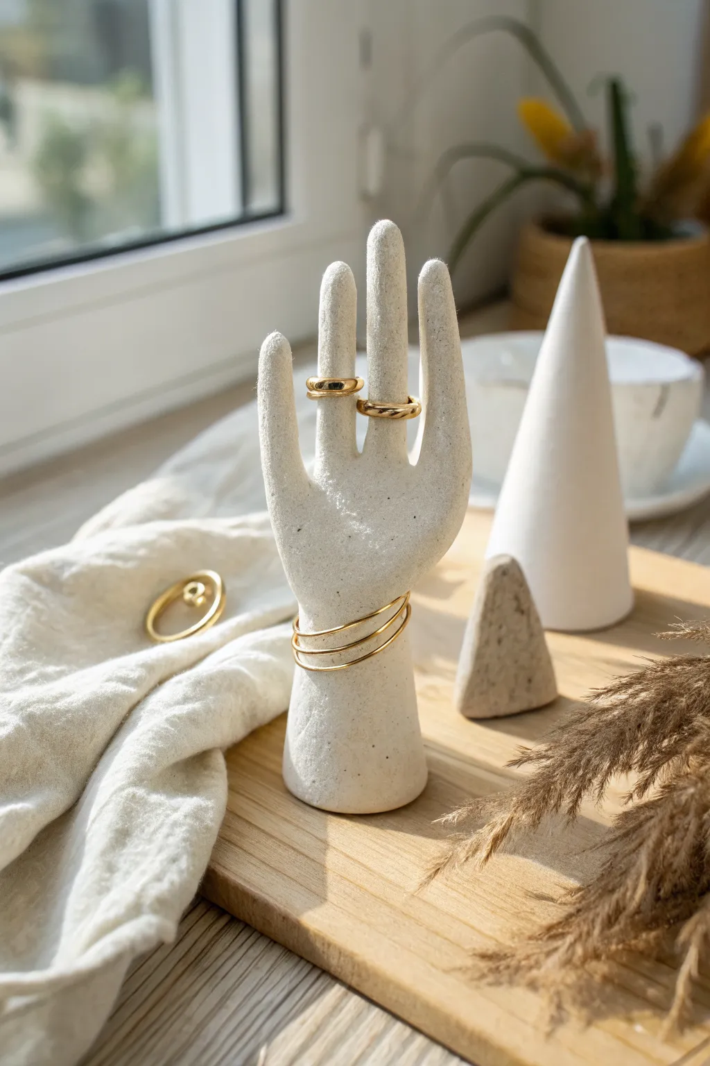 Minimal air dry clay hand ring holder with a soft cone accent, styled in bright natural light