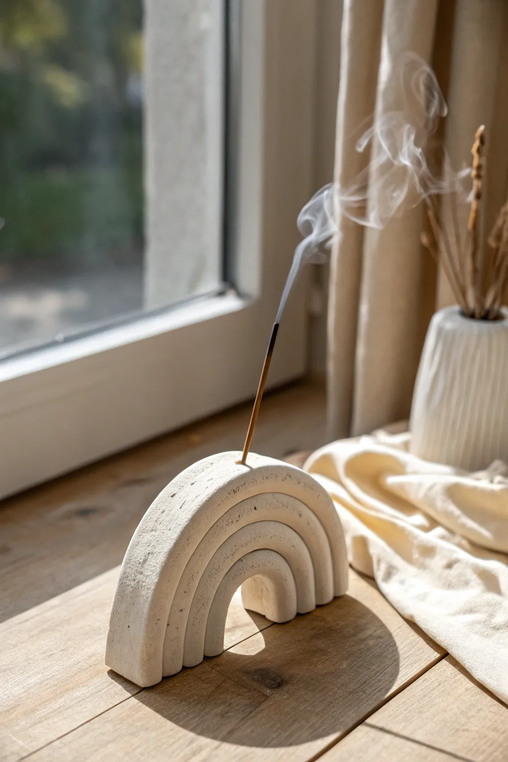 Minimal air dry clay incense holder arc with soft smoke, calm Scandinavian boho styling.