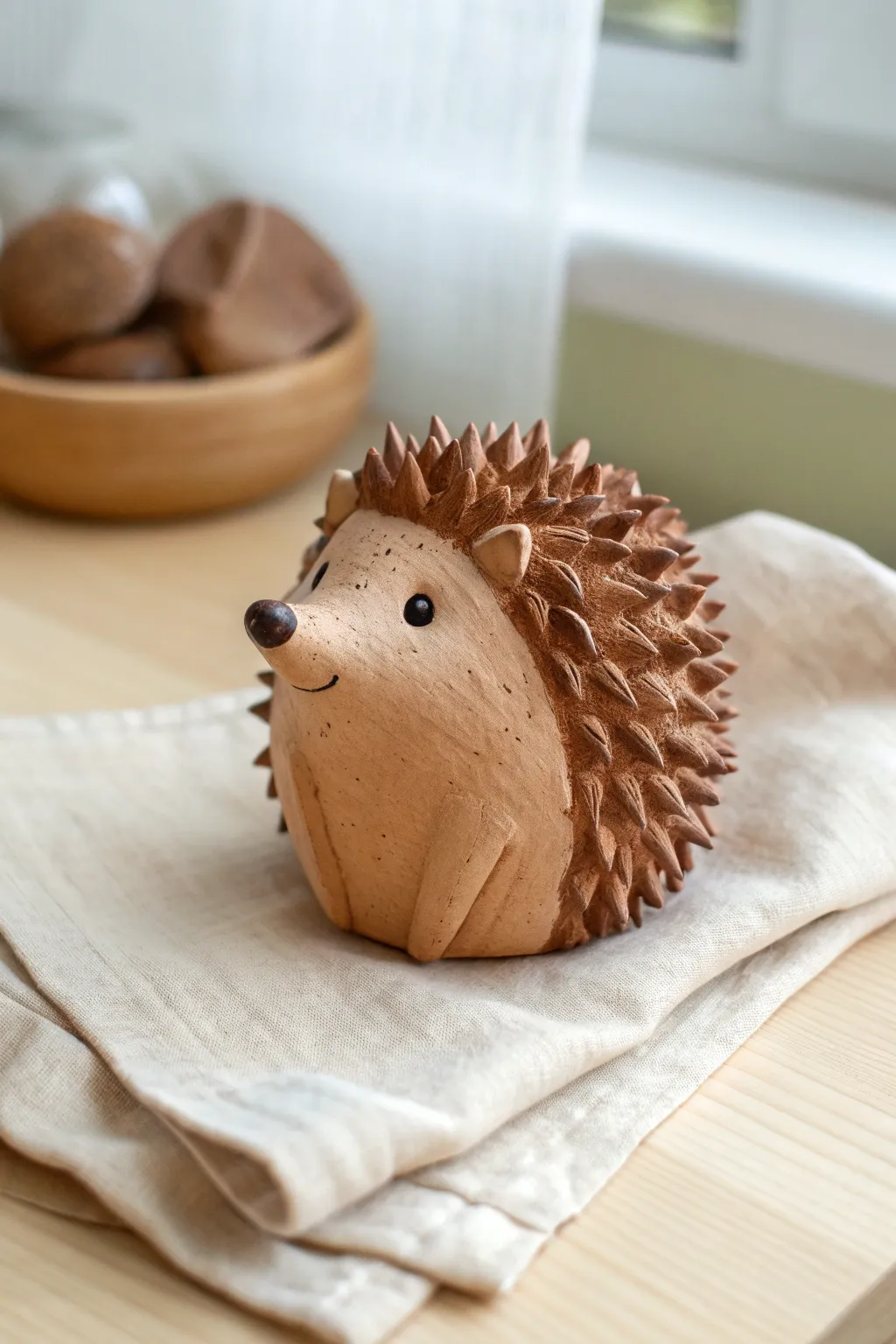 Sweet pinch-pot hedgehog buddy in warm browns, a simple air dry clay sculpture kids can make