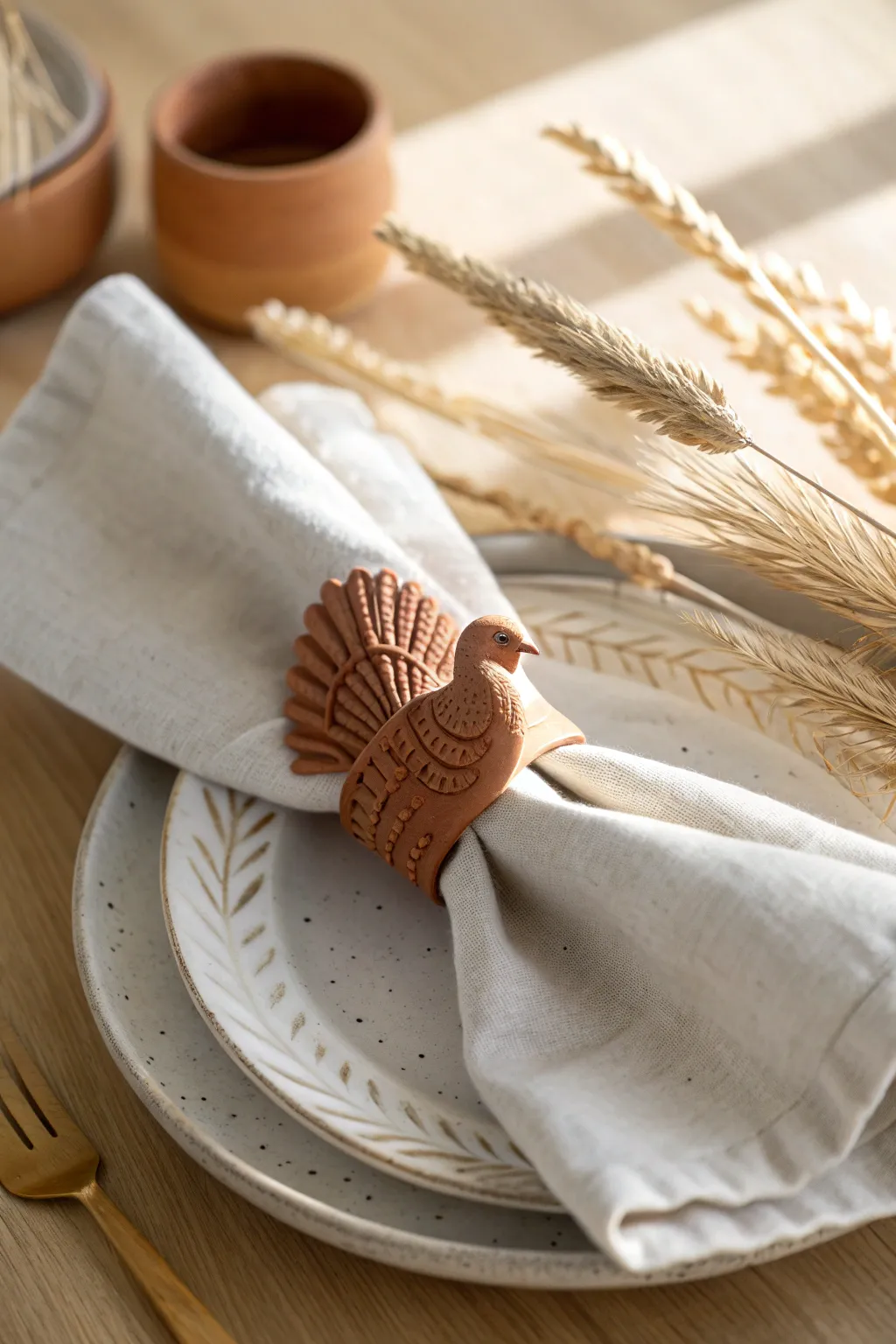 Simple air dry clay turkey napkin ring, cozy linen and minimalist Thanksgiving table styling