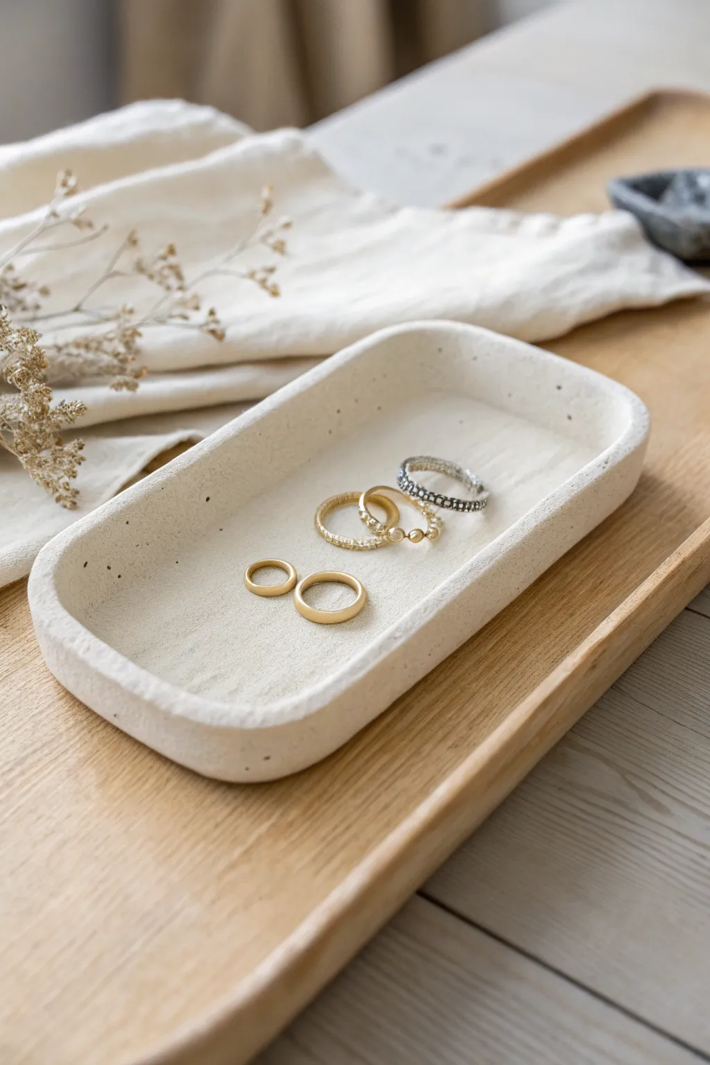 Minimal air dry clay ring slot tray with a clean ridge detail and softly styled rings