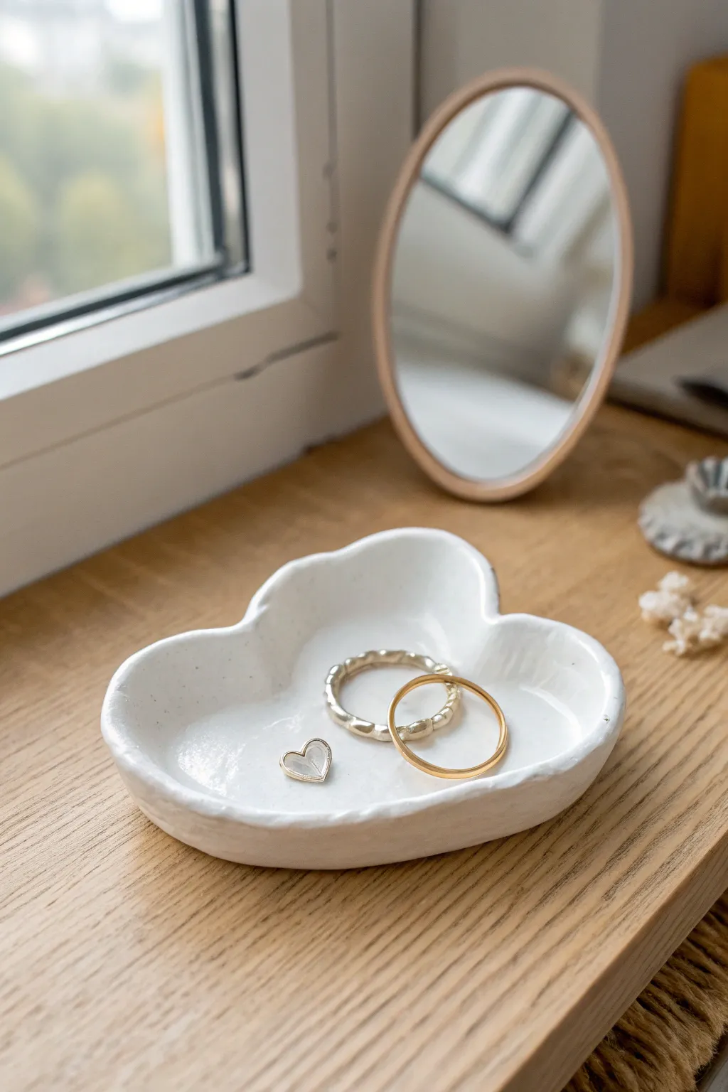 Glossy cloud-shaped air dry clay dish for rings, styled in soft minimalist vanity light