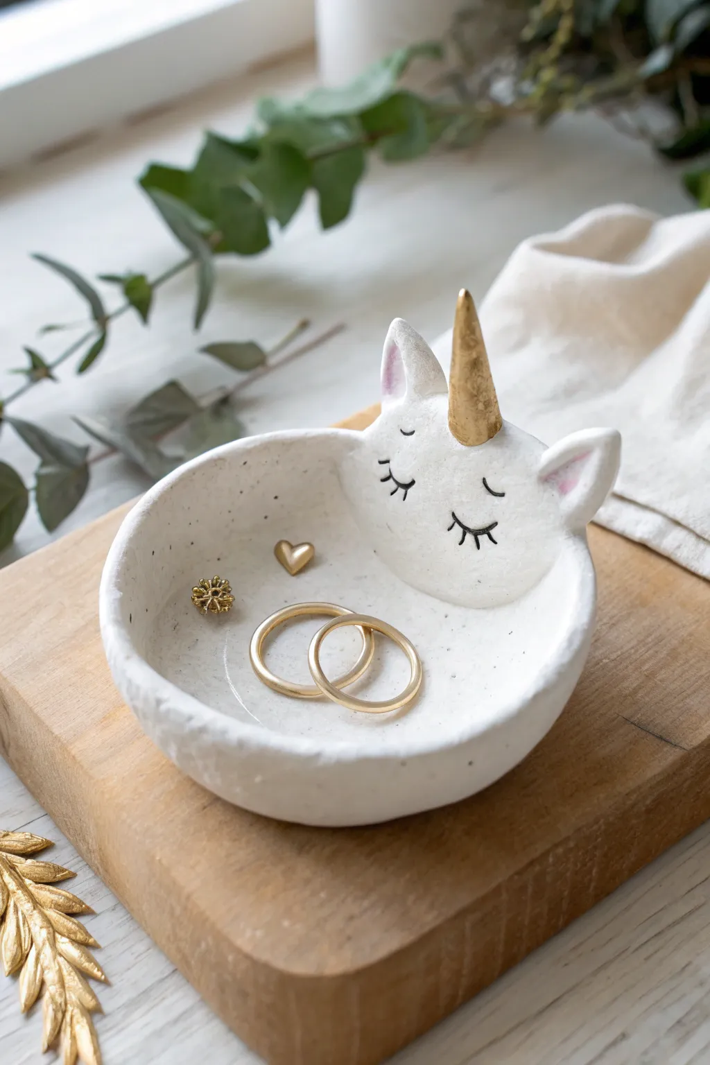 Minimal air dry clay unicorn ring dish with a gold horn, perfect for rings and bedside styling.