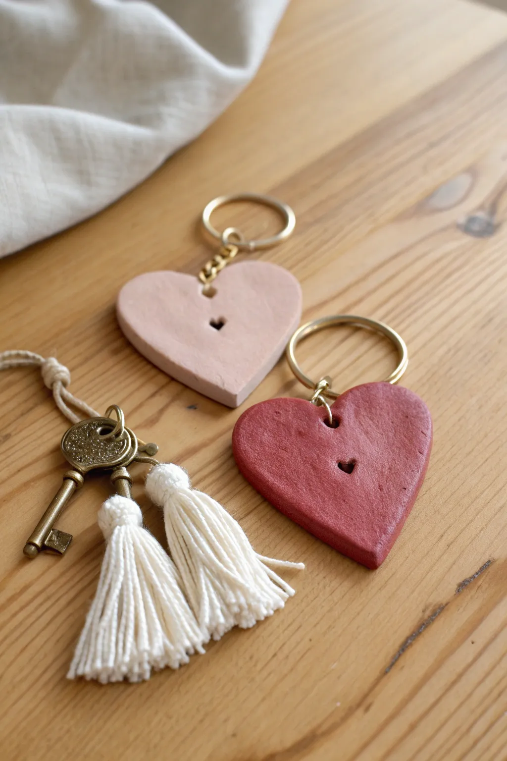 Blush and red air dry clay heart keychains with tassels, minimalist and Valentine-ready