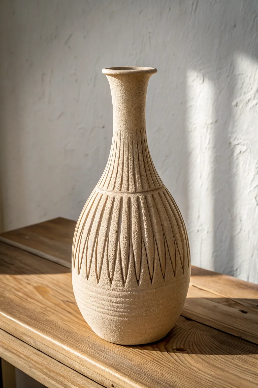 Minimal air dry clay vase with vertical carved texture, warm neutral tones and soft shadow contrast