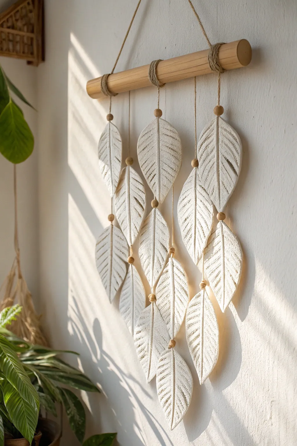 Textured white clay leaf wall hanging with jute cord, simple boho charm for any room.