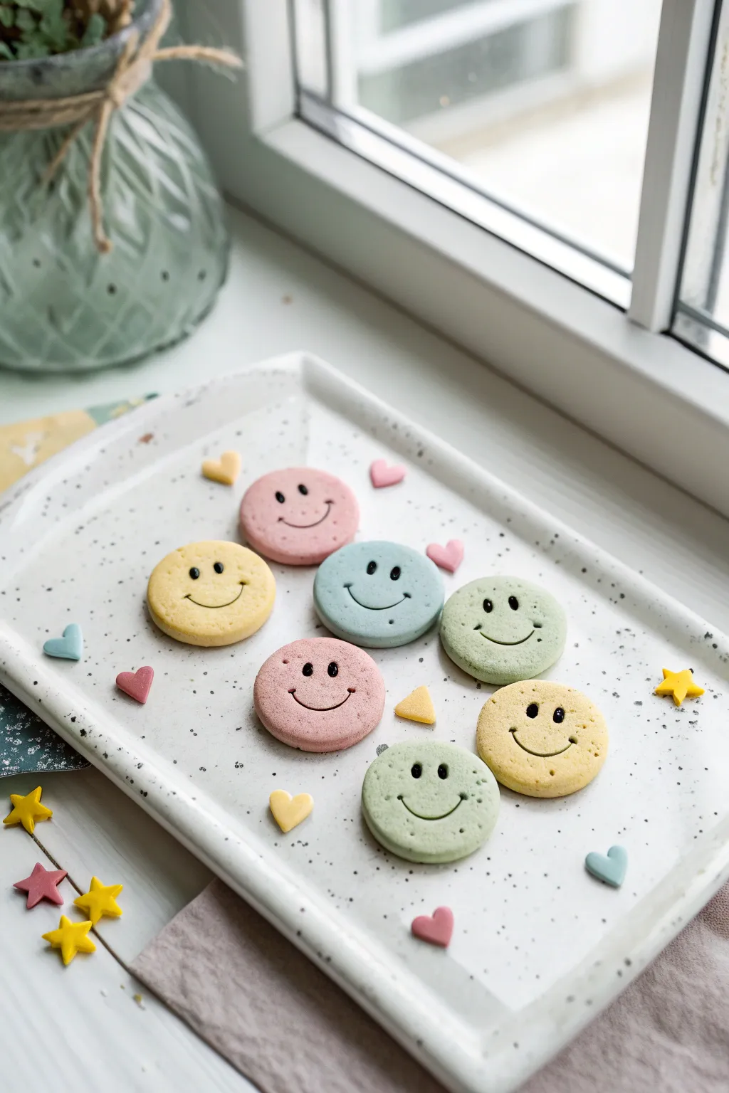 Pastel smiley, heart, and star air dry clay magnets styled on a minimal metal board