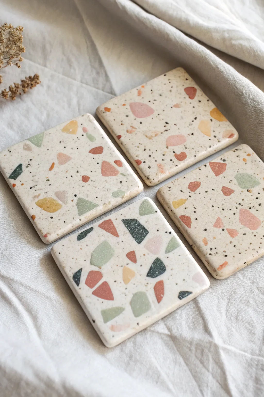 Terrazzo-style air dry clay coasters in muted tones, a simple handmade touch for any table