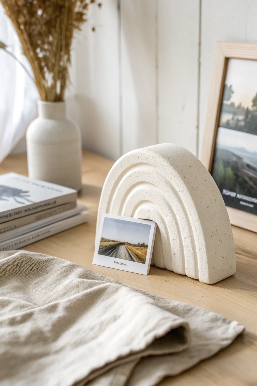 Modern arch air dry clay photo holder in soft neutrals, minimalist desk styling and warm light.