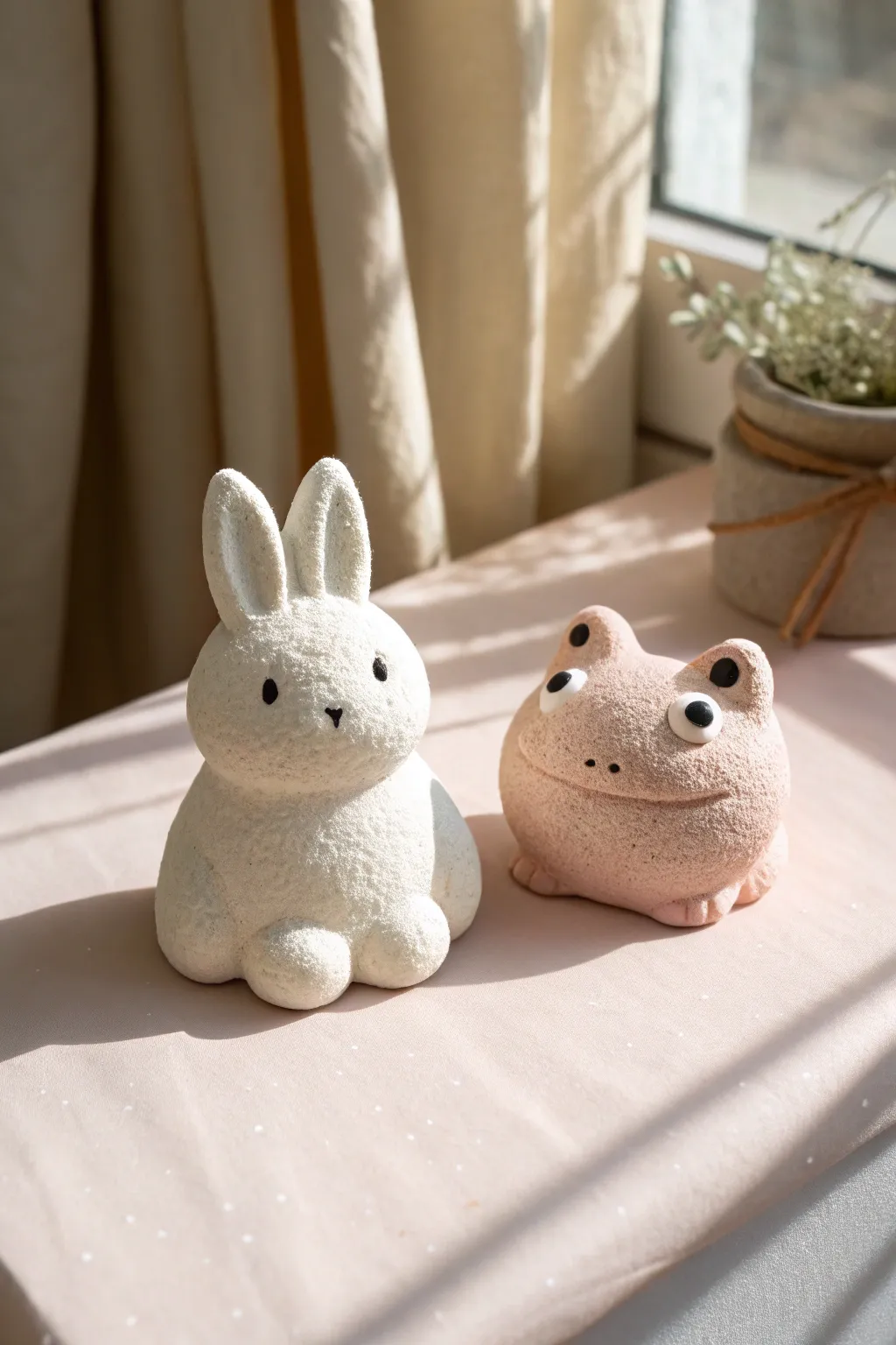 Puffy foam clay bunny and frog desk buddies in soft pastel, minimalist and sweet