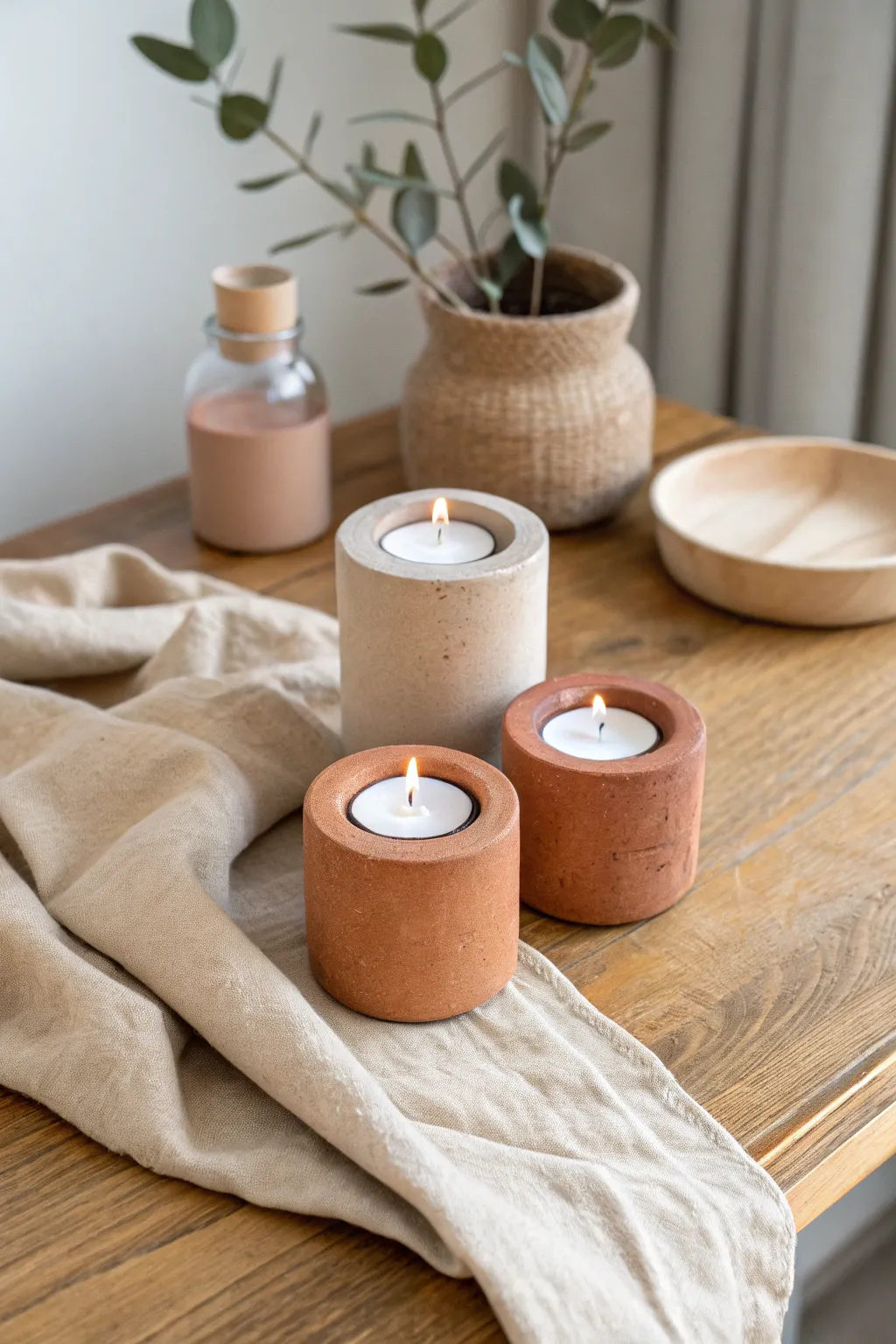 Chunky air-dry clay candle holders in warm neutrals, softly lit for a calm minimalist vibe