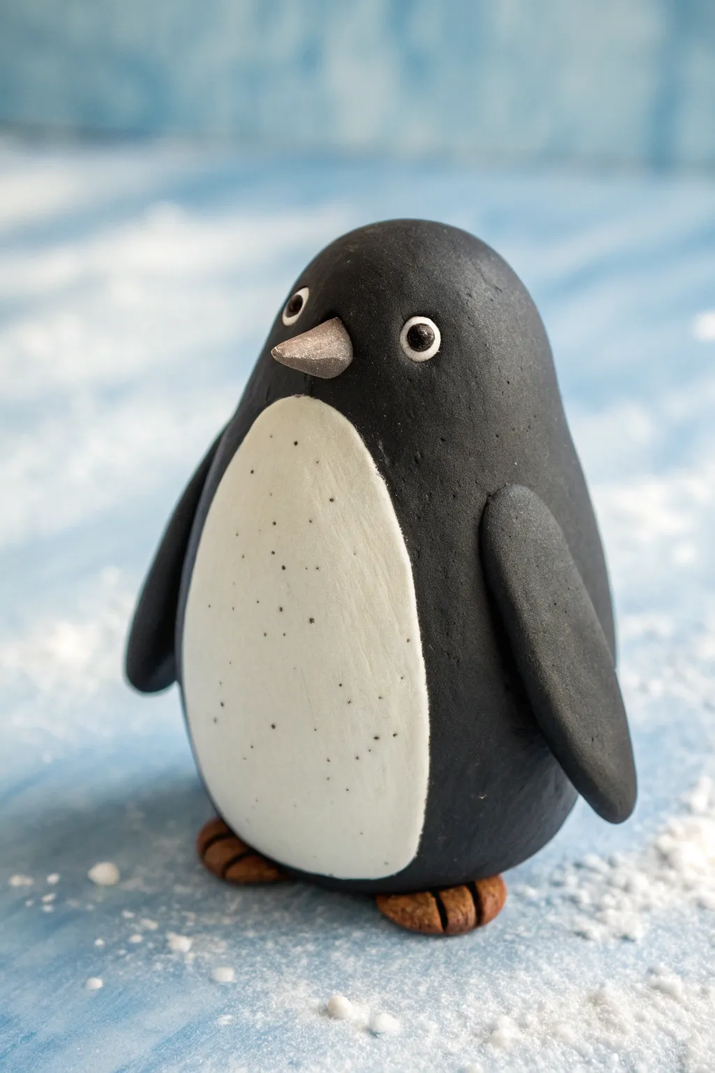 A simple oval clay penguin buddy with crisp contrast and a calm, minimalist Nordic feel.