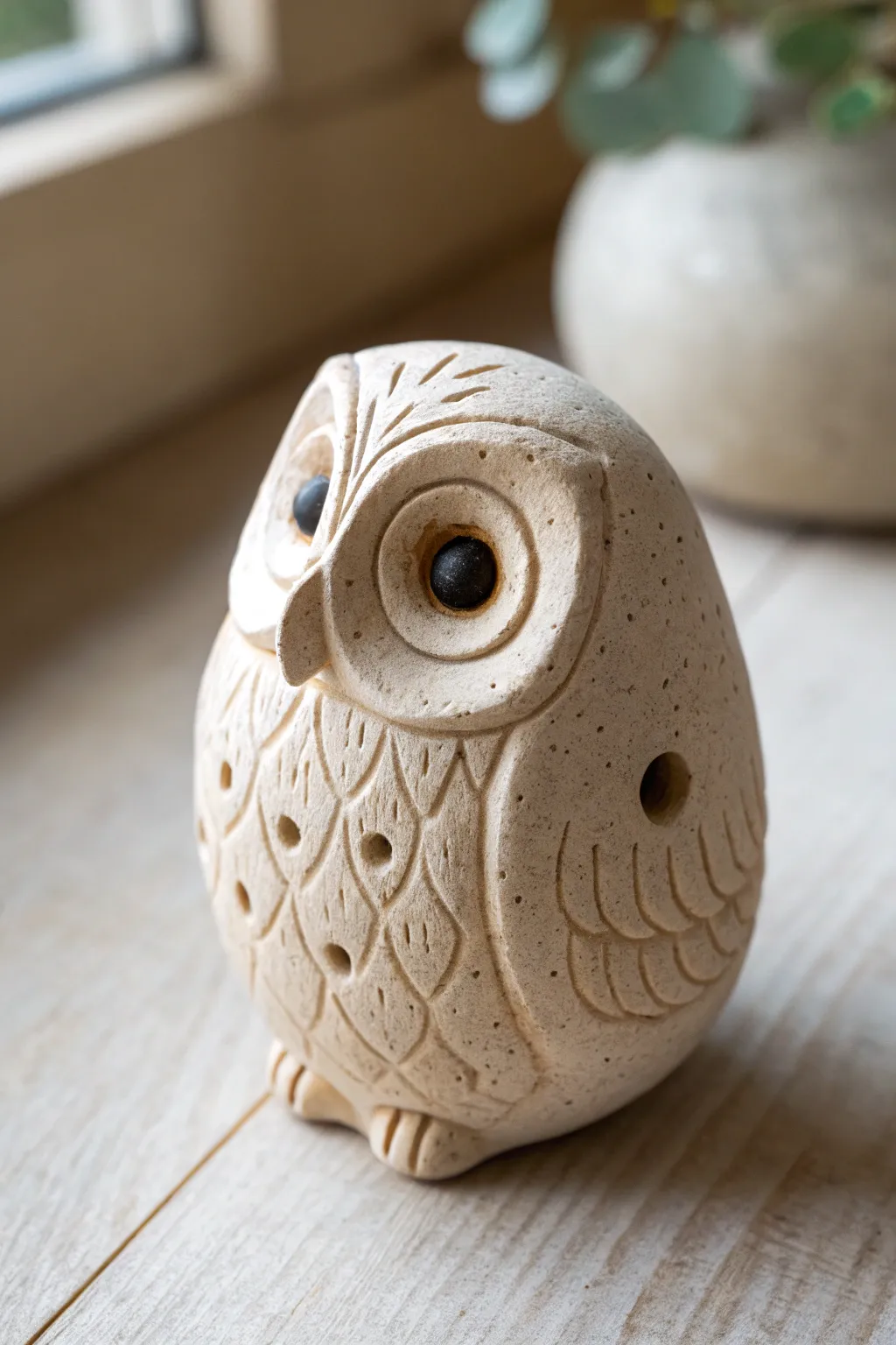 Wide-eyed owl whistle with soft feather texture, minimalist clay charm and natural contrast
