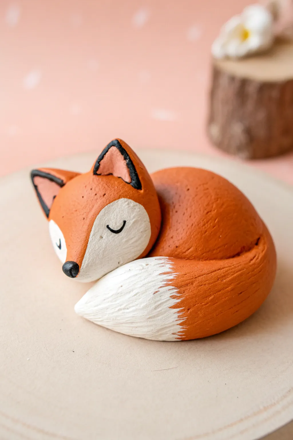 Sleepy clay fox with a cozy wrapped tail, simple and calming for minimalist decor lovers