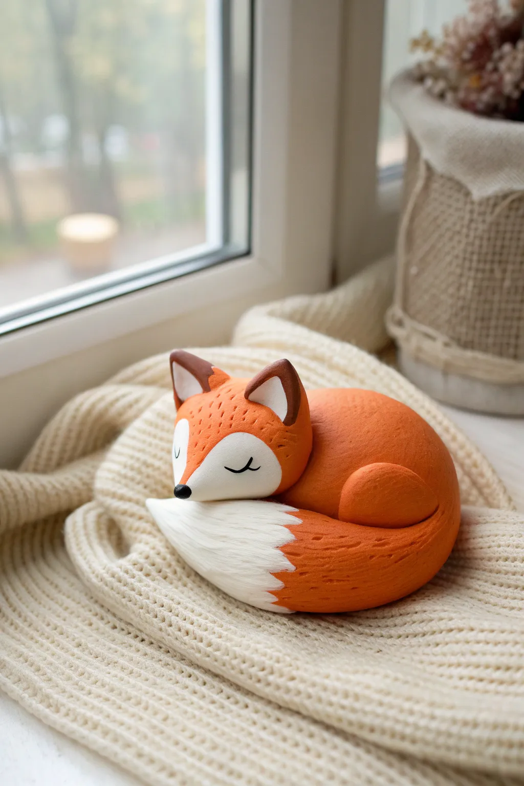 Sleepy clay fox curled up with an oversized tail, simple shapes and warm minimalist vibes
