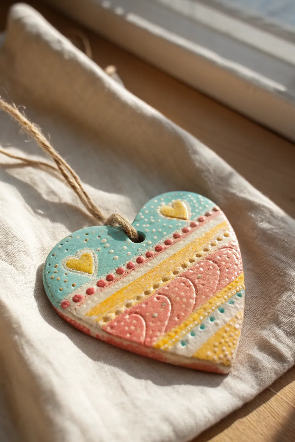 Bead-pressed air-dry clay heart ornament in cheerful colors, simple, sweet, and kid-ready.