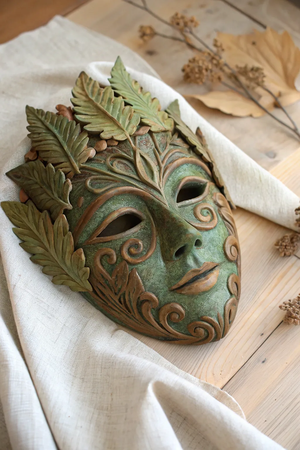 Leaf-and-vine forest spirit mask in earthy glazes, minimalist styling with cozy boho warmth.