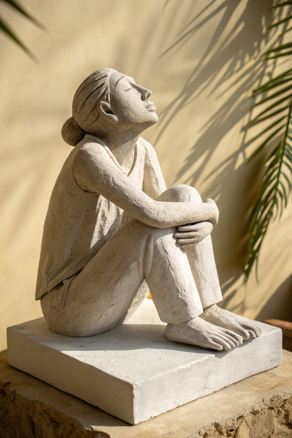 Handbuilt seated figure in warm clay tones, minimal form and expressive posture.