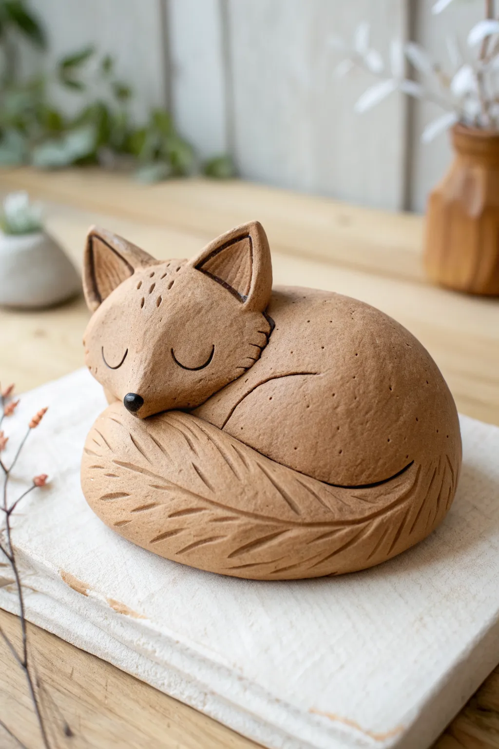 Simple teardrop-bodied clay fox, curled and calm, perfect beginner sculpture for cozy decor.