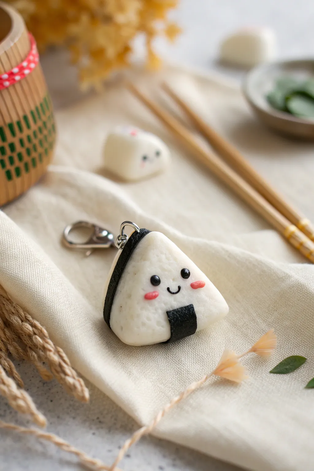 Adorable onigiri clay charm with tiny face and seaweed wrap, perfect for cute DIY gifts