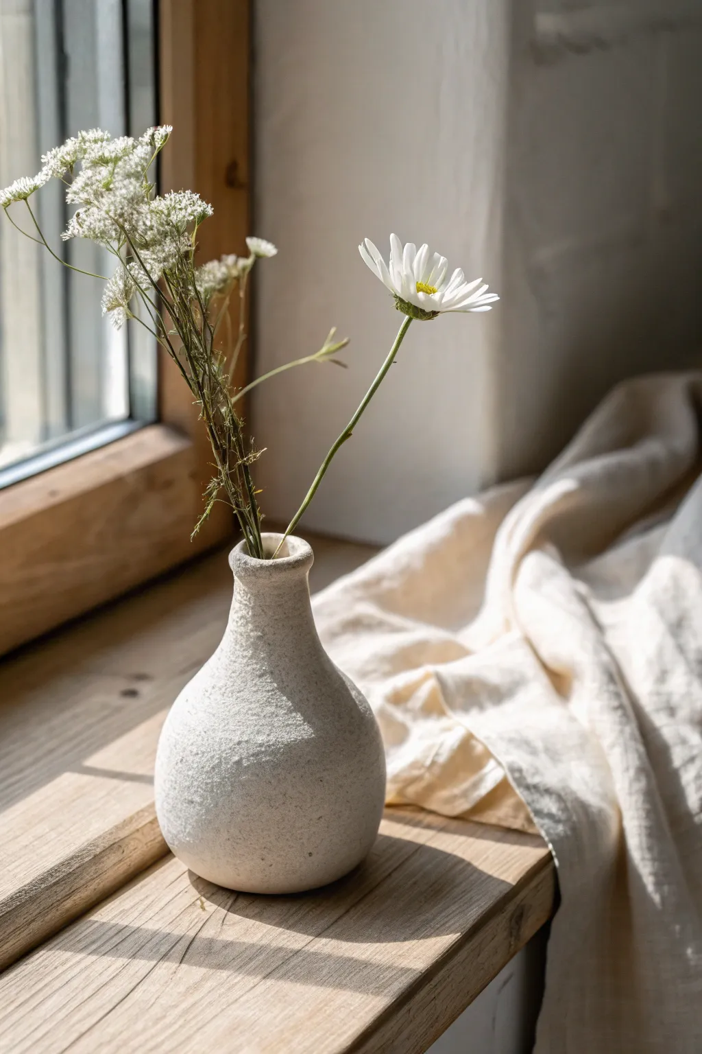 A tiny handmade bud vase with one perfect stem, simple, cozy, and made for date night at home