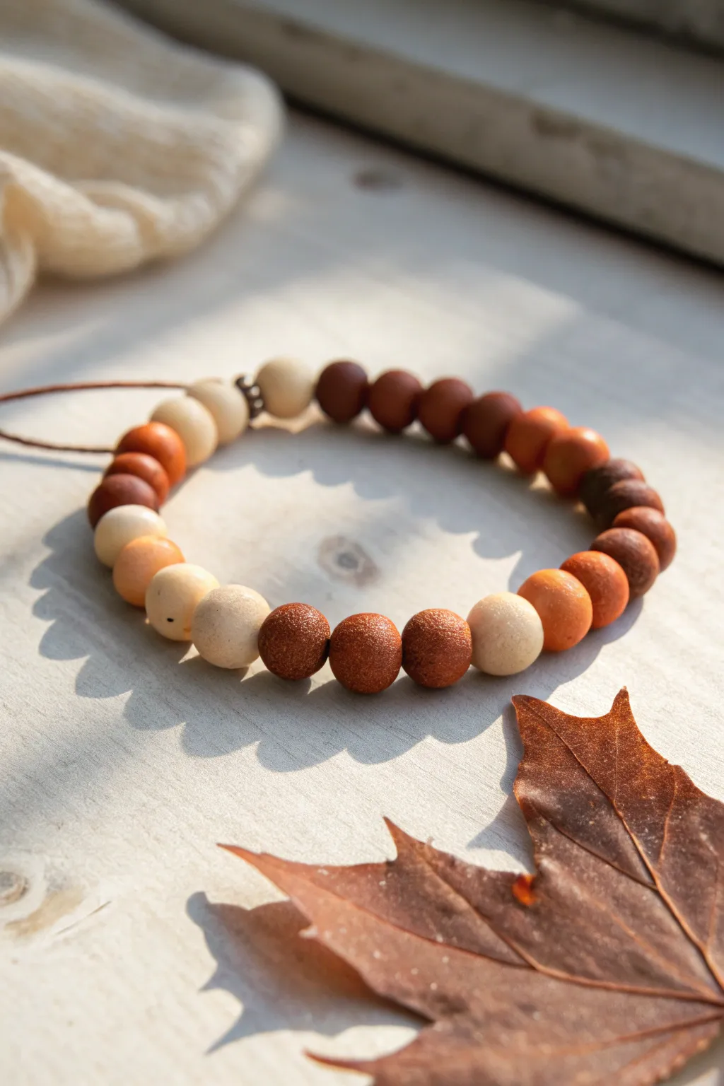 Ombre clay bead bracelet in cozy fall tones, styled with a single maple leaf for autumn charm.