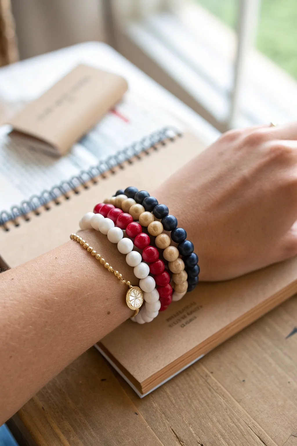 School spirit color stack: clay bead bracelets in bold hues balanced with calm neutrals.