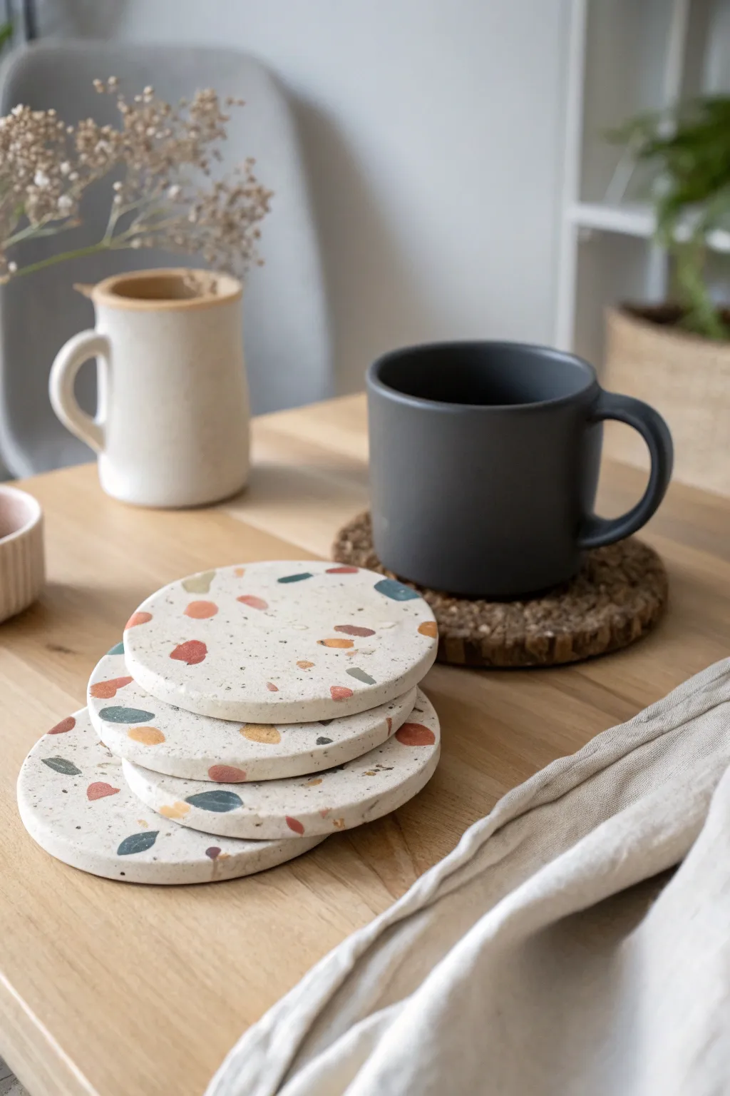 DIY terrazzo clay coasters in soft neutrals and pastels, stacked with a cozy mug on top