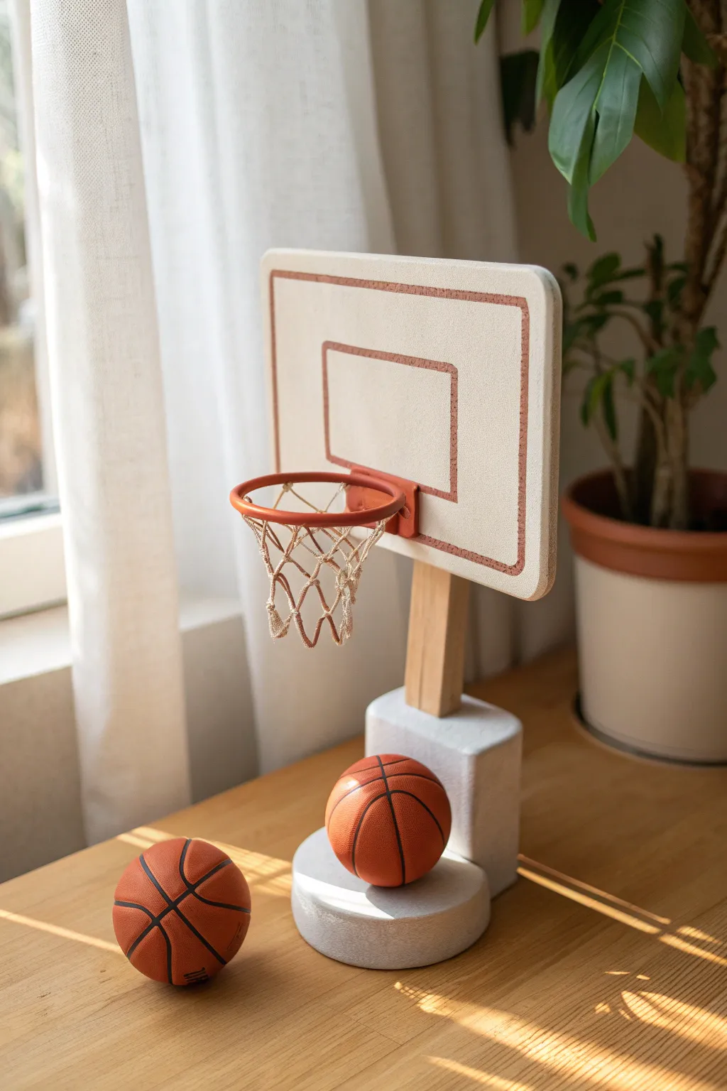 Minimal clay mini hoop desk decor with a tiny orange ball, Scandinavian clean with boho warmth