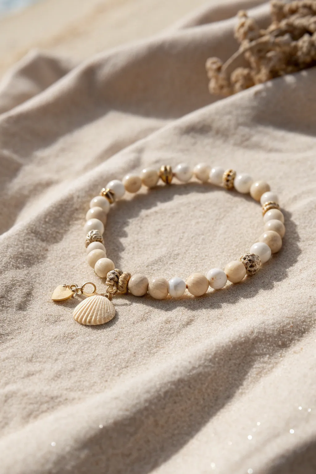 Creamy clay discs with pearl accents and a tiny shell charm for an effortless beachy bracelet