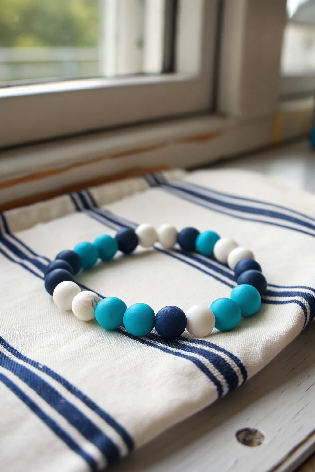 Nautical stripe color blocking with navy, white, and turquoise clay beads for beachy charm.