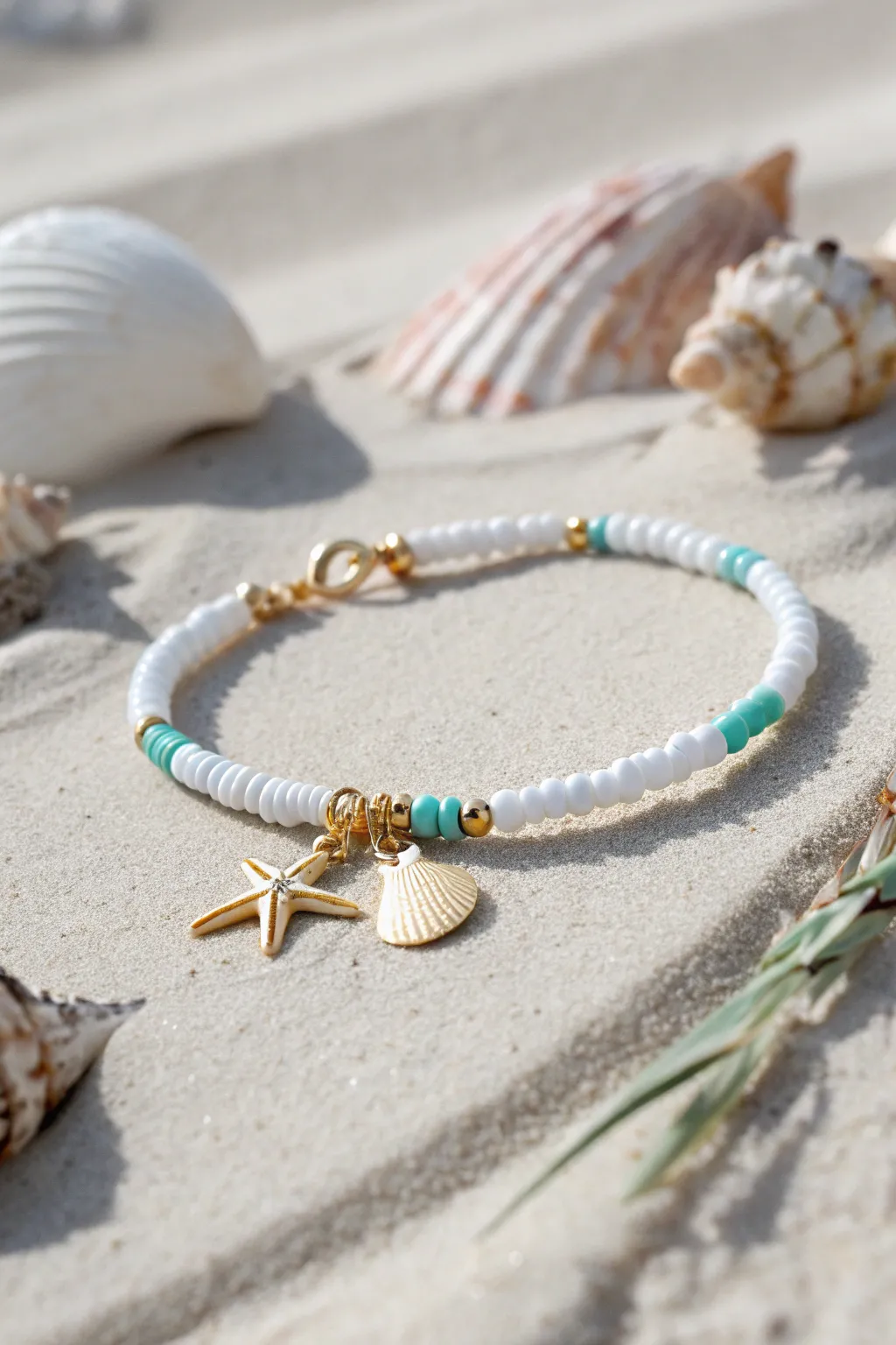 White and aqua heishi bracelet with starfish and wave charm cluster on soft sandy neutrals