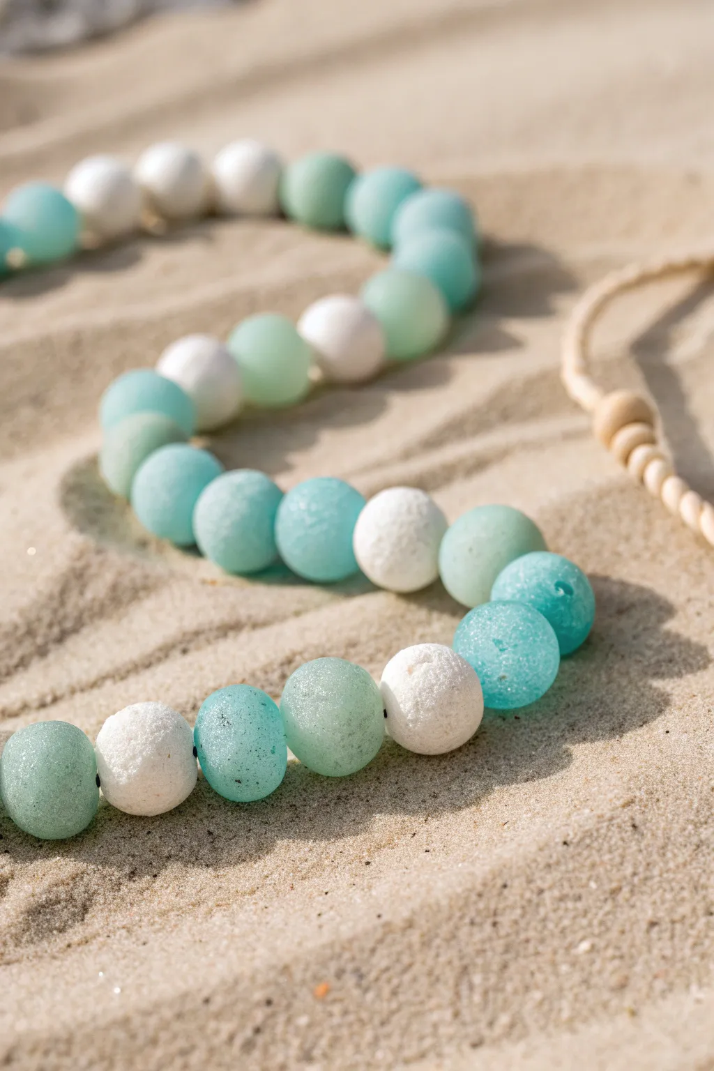 Sea-glass inspired clay beads in soft aqua and mint, curved on warm sand tones for a beachy look.