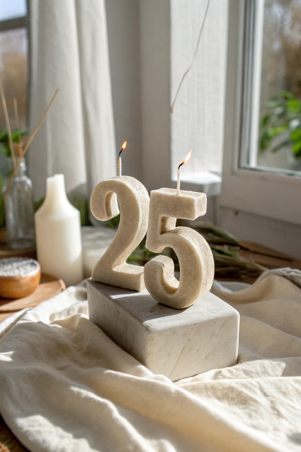 Chunky clay number candle picks with tiny flames, minimalist birthday decor in soft neutral tones