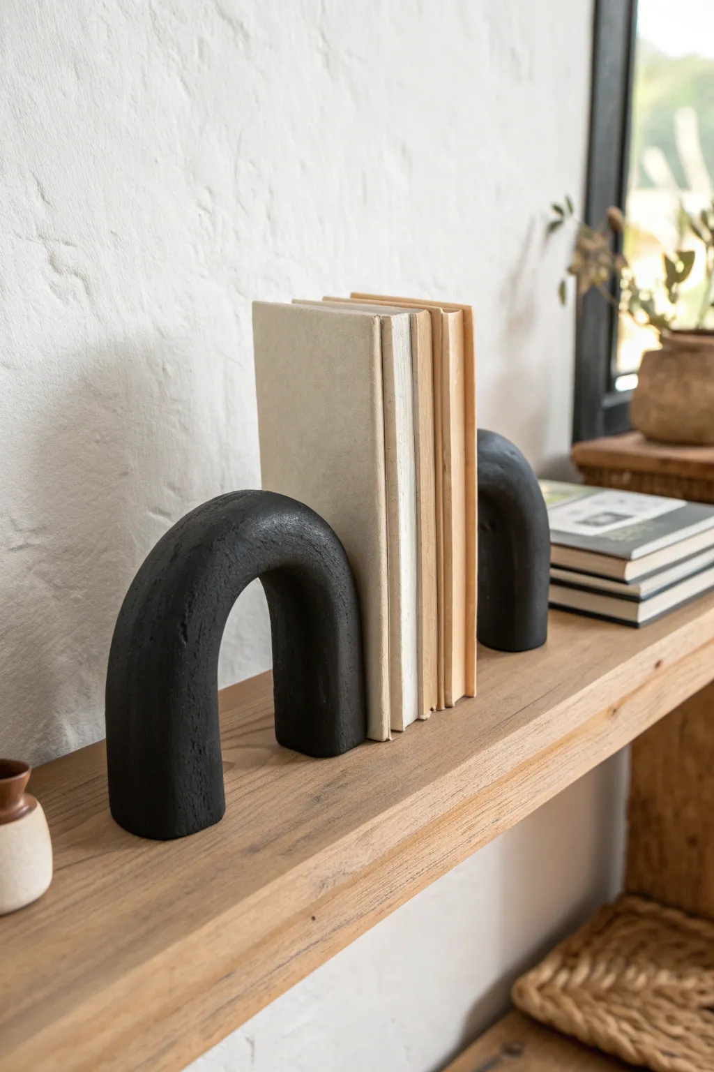 Minimal matte black arch bookends in air dry clay, sculptural contrast for a calm shelf.