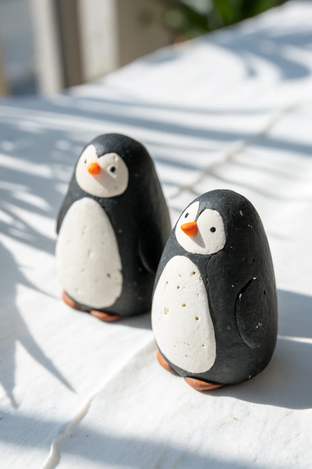 Palm-sized black clay penguin minis with bright white bellies and tiny orange beaks on white.