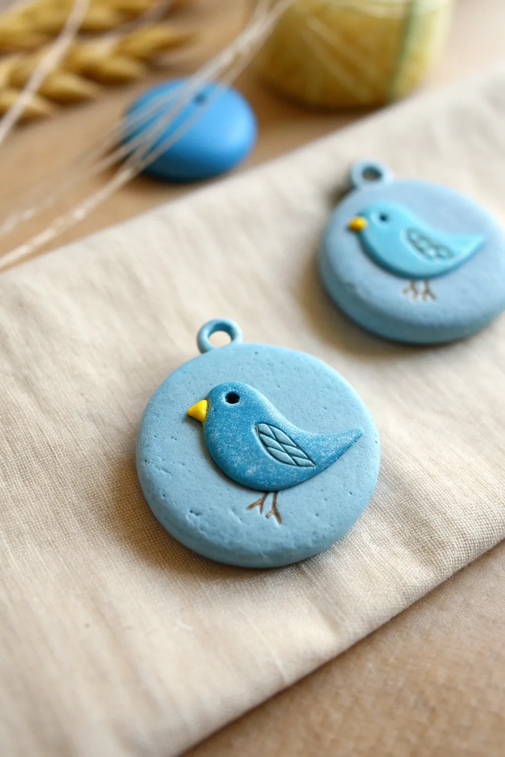 Round blue bird charm with sunny yellow beak and feet, styled in a calm minimalist boho scene