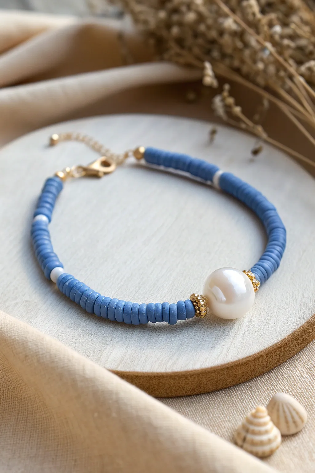 Blue heishi clay bracelet with a chunky white pearl accent, styled in soft minimalist neutrals