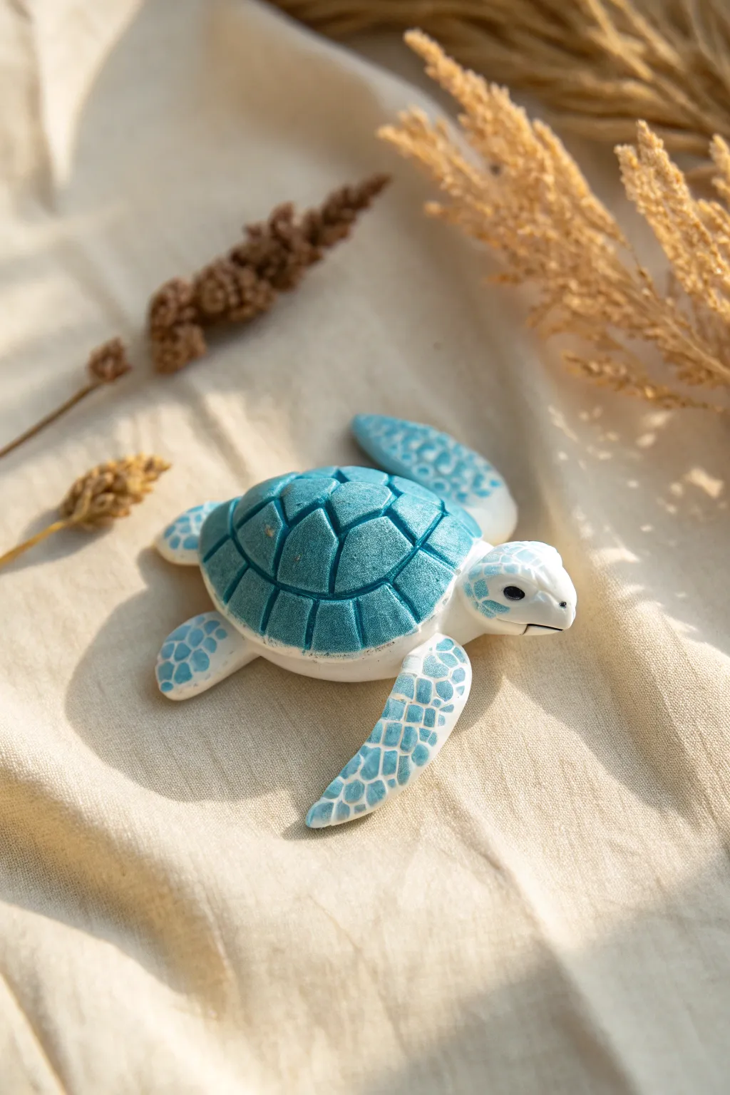 Minimalist blue polymer clay sea turtle with white belly, shell texture in crisp overhead detail