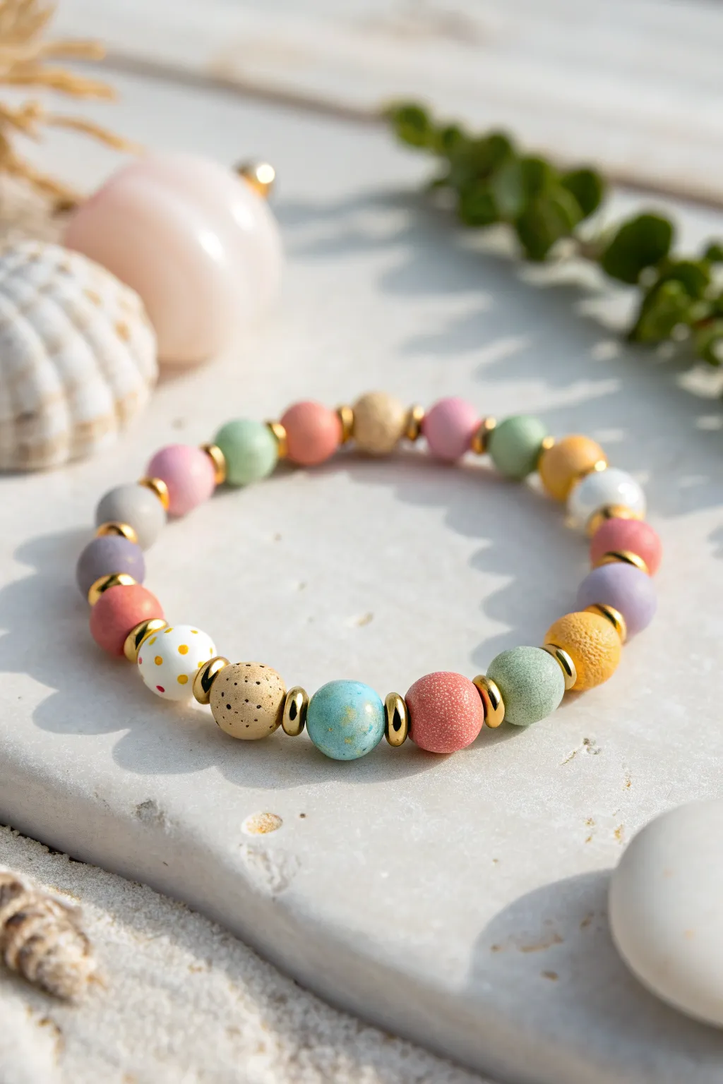Bright confetti clay bead bracelet with gold spacers, made from joyful leftover beads.