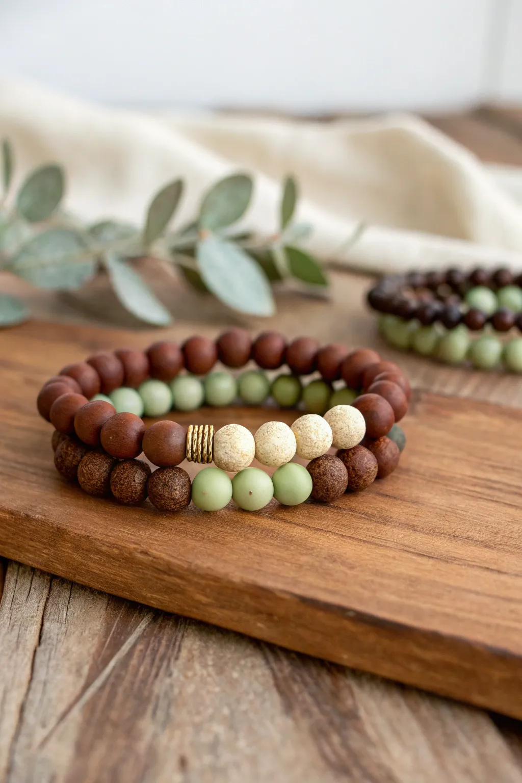 Espresso brown and olive green clay bead bracelet stack on warm wood, minimal and cozy